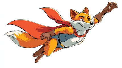 Cartoon fox wearing cape and suit, flying in superhero pose against a white background