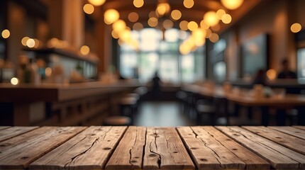 Rustic wooden table invites warm gatherings in a cozy restaurant, perfect for showcasing delicious meals or inviting social settings with friends