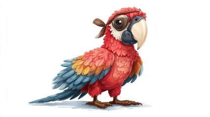 A cartoon parrot, red/blue/yellow, with an eyepatch, brown ribbon, white background. Detailed