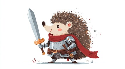 A cartoon hedgehog knight stands ready, holding a silver sword, wearing armor & red cape, on white