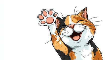 Cheerful cartoon calico cat waving, showing its pink paw pads, eyes closed with a big smiling grin