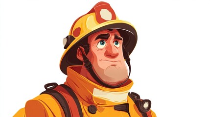 A stylized illustration of a firefighter, yellow helmet and uniform, looking upwards with a thoughtful expression