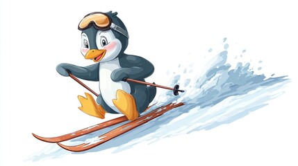 Animated penguin with ski goggles joyfully skis down a snow-covered slope
