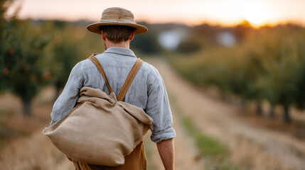 Folkloric portrait of johnny appleseed walking through orchard at sunset
