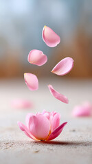 Delicate pink flower petals falling and reassembling in blooming beauty