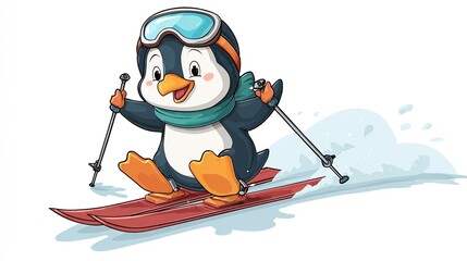 Animated penguin, wearing goggles and scarf, gleefully skis down a snowy slope, poles in hand