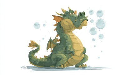 An illustrated friendly, cartoon dragon with green scales, orange spines, and wings blowing bubbles from its snout