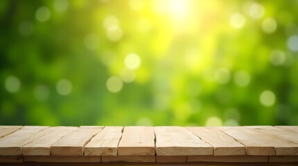 Sunlit wooden table with a vibrant green bokeh background creates a fresh, natural scene perfect for showcasing products or springtime promotions
