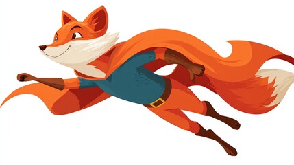 Cartoon fox in blue shirt, orange cape & pants flies forward with a smile