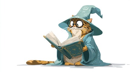 Cartoon image of a cat wizard with glasses, wearing a hat and robe, reading a book with a curious look