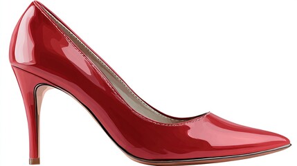 Elegant, glossy red patent leather high heel shoe isolated against a white background
