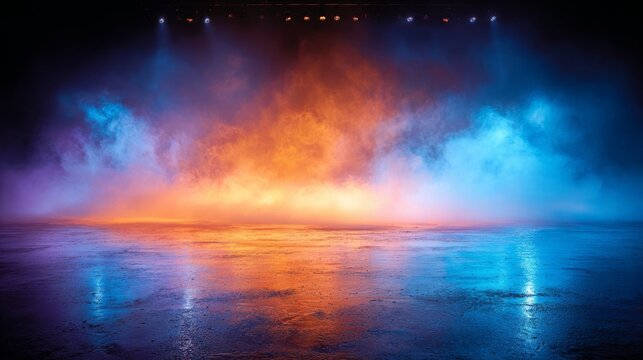 Mystical mist. Swirling smoke in dark and light symphony. Fluid fantasia. Abstract dance of fog and light on the floor with a black background. Panoramic view of the abstract fog.