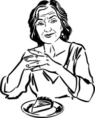 Black and white sketch of an older woman with a slice of pie