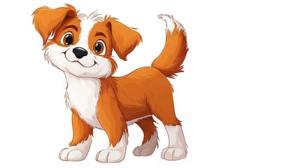 A cartoon puppy with orange and white fur smiles playfully, tail curled, standing on a white background