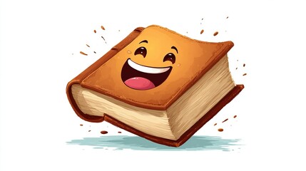 An illustrated, smiling, anthropomorphic book with brown cover and white pages, on a white background