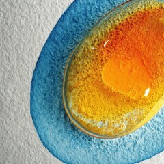 Abstract Watercolor Composition - Vibrant Orange and Blue Organic Shapes on Textured Paper.