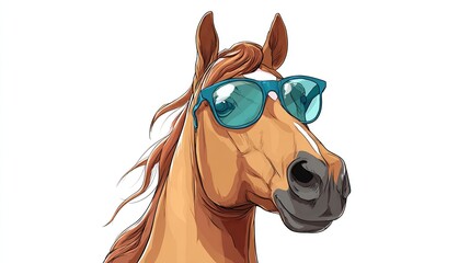 Cartoon horse wearing blue sunglasses, with a white background. The horse is brown with a flowing mane