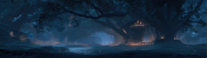 Mysterious atmospheric fantasy landscape with soft lighting and dramatic sky background