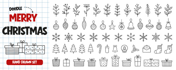 Christmas design doodle icon set. Snowflakes, balls, Christmas trees, gift box, winter branches in sketch style. Hand drawn vector illustration isolated on white background