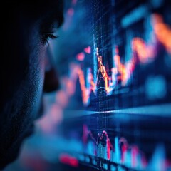 Intense Focus - Man Analyzing Fluctuating Stock Market Chart on Screen, Financial Data.