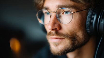 Sound engineer focused on monitoring live recording in studio side view