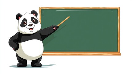 A cheerful panda with a pointer stands beside a blank chalkboard, ready to teach and share knowledge