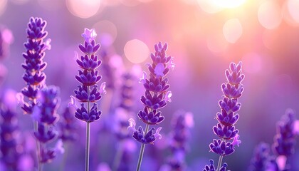 Fototapeta premium Lavender Field Blooming with Purple Flowers in Warm Sunlight Bokeh and Soft Focus Macro Shot