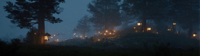 Night forest scene with trees and glowing lanterns atmospheric landscape