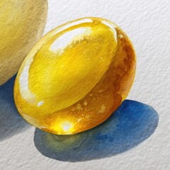 Translucent Amber Gem - Watercolor Painting of a Golden Stone with Blue Shadow.