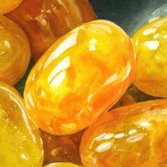 Macro View of Translucent Amber-Orange Hard Candies with Reflective Surfaces.