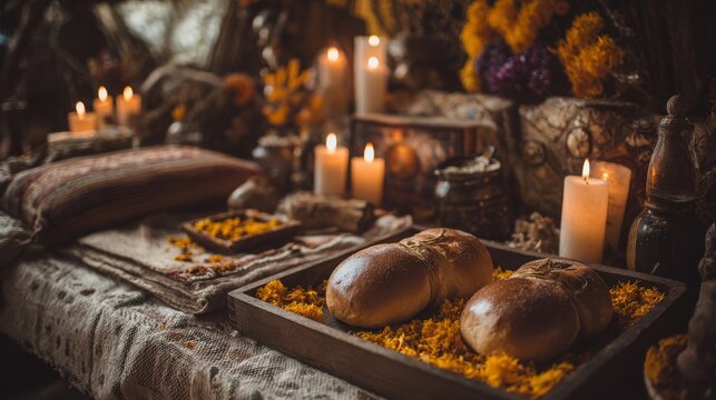 Pan de Muerto traditional recipe from Mexico, adorned with candles and cempasuchil flower petals, in the diffuse background, commemorating the Day of the Dead.