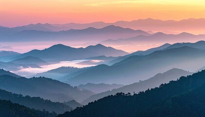 Fototapeta premium Layered Mountain Landscape with Pastel Sky and Reflections Tranquil Lake Serene Pastel Colors Soft Light Scenic View Early Morning Misty Atmosphere