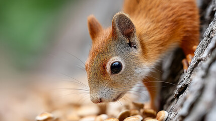 Curious squirrel sniffing mushrooms on forest floor in a natural wildlife scene