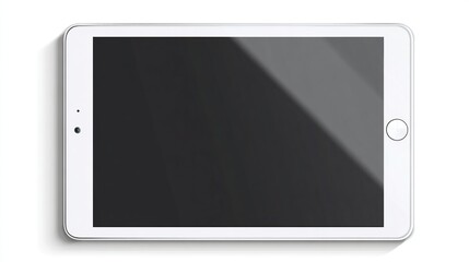 White tablet with a dark screen, casting a soft shadow on a plain white background