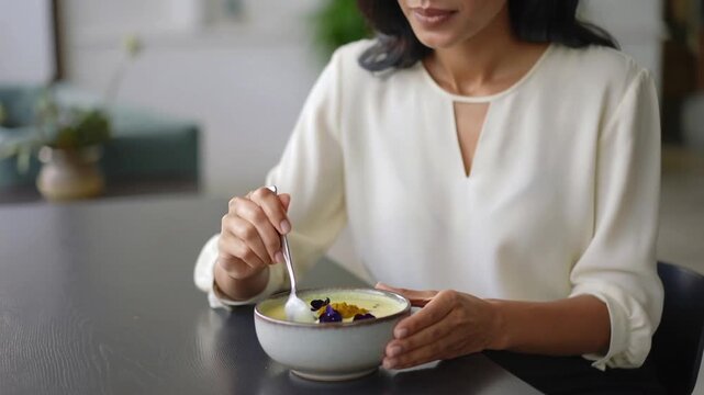 Woman savoring dessert at a table