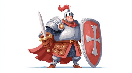 A stout, smiling knight in shining armor, holding a sword and a shield with a cross