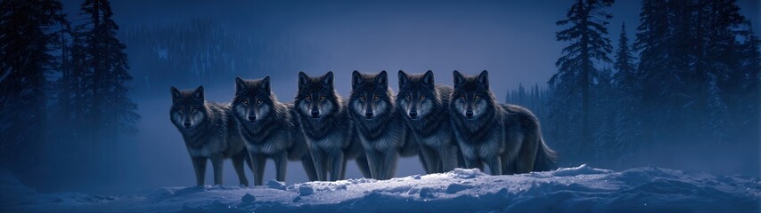 Group of wolves in a winter forest wildlife nature scene blue tones