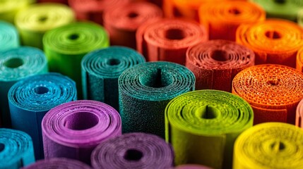 Paper quilling, or quilled paper. Spectrum of coiled paper strips in many colors. Background or cover for something creative or united in diversity. shallow depth of field.
