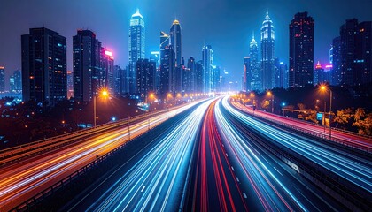 Obraz premium Long Exposure Nightscape of Cityscape with Light Trails and Tall Buildings Glowing Under Dark Sky in a Bustling Urban Setting at Nighttime