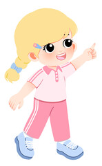 Adorable cartoon of a happy blonde girl in pink sportswear walking and pointing her finger, isolated on a white background for educational or children's concepts