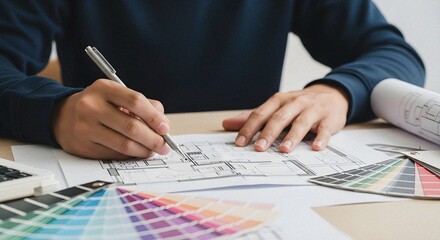 Interior Designer Sketching Furniture with Pencil and Ink on Paper – Hand-Drawn Design Surrounded by Swatches and Blueprints