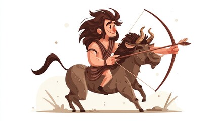 Animated illustration of a centaur, a man with bow and arrow riding a horse, with a cheerful expression