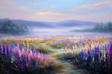 Colorful Meadow With Mist At Sunrise