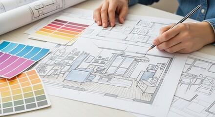 Interior Designer Sketching Furniture with Pencil and Ink on Paper – Hand-Drawn Design Surrounded by Swatches and Blueprints