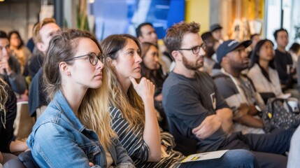A diverse group of people attentively listens during a seminar or conference in a modern indoor setting