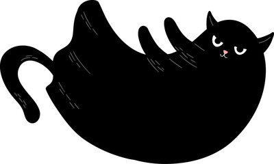 Black cat with white face details lying on white background