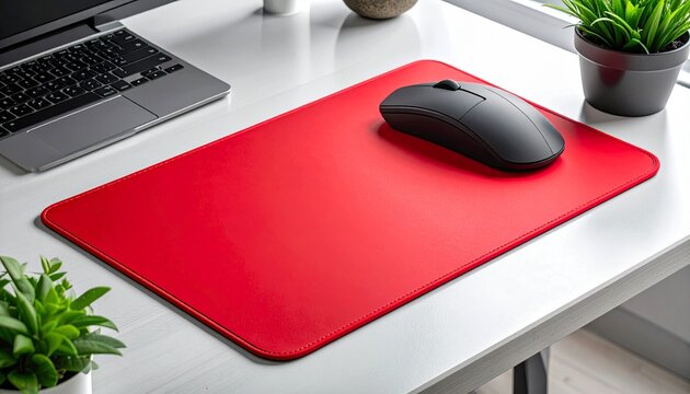Modern workspace setup with vibrant red desk pad, wireless mouse, and laptop providing a sleek, productive, and organized feel for focused work