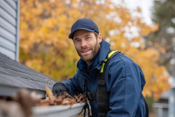 A man in work gear cleans leaves from a house gutter during autumn, with colorful fall foliage in the background