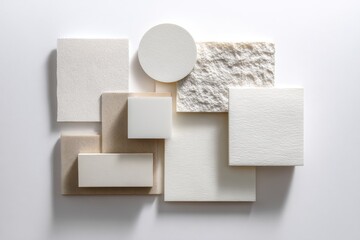 Minimalist Composition - Textured White Tiles and Geometric Shapes on White Background.