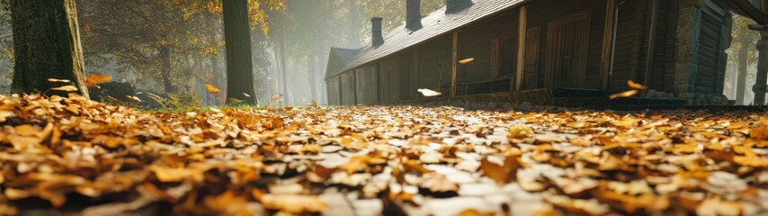 Autumn scene with fallen leaves and an old building along a path